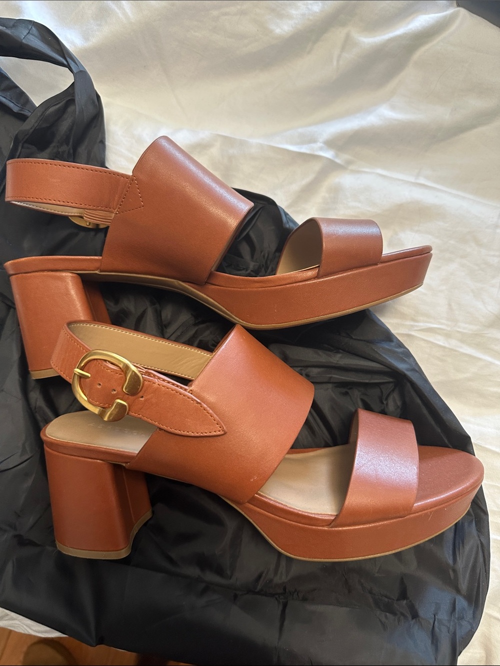 AEROSOLES Tan Brown Platform Block Heel Sandals with Gold Buckle